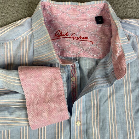 Tommy Bahama Shirt Mens 3XL Blue Pink Striped Button Flip Cuff Cotton Golf - Picture 5 of 14